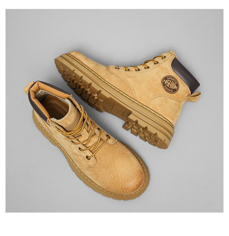 Yellow Leather Ins-Style High-Top Martin Boots for Men & Couples, Velvet-Lined, Perfect for Autumn and Winter.