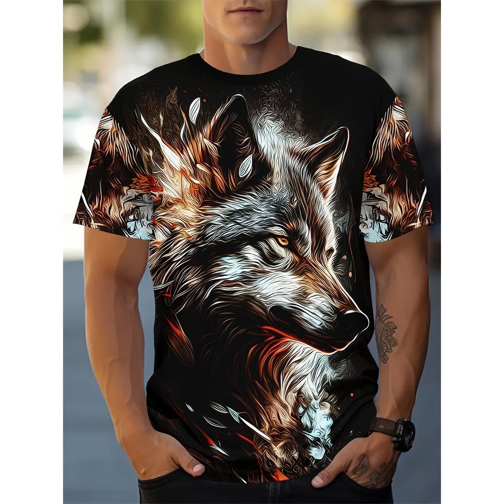 New Fashion Men's Crew Neck Short Sleeve T-Shirt with 3D Wolf and Dragon Print, Men's Casual Sports Streetwear Top