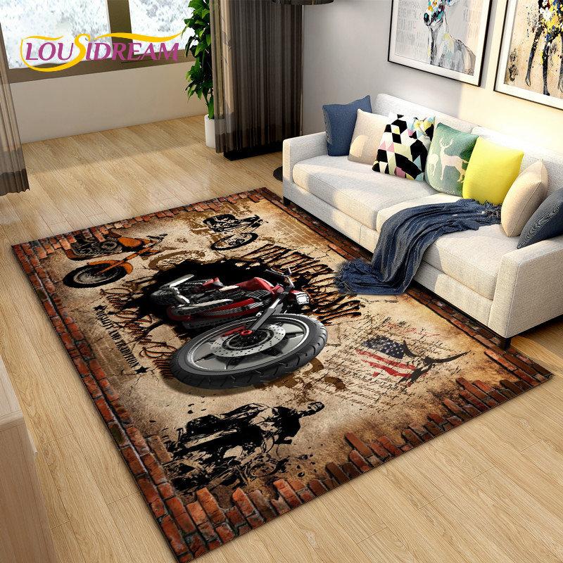 Retro Vintage Motorcycle Area Rug Large,Carpet Rug for Living Room Bedroom Sofa,Kitchen Bathroom Doormat Non-slip Floor Mat Gift