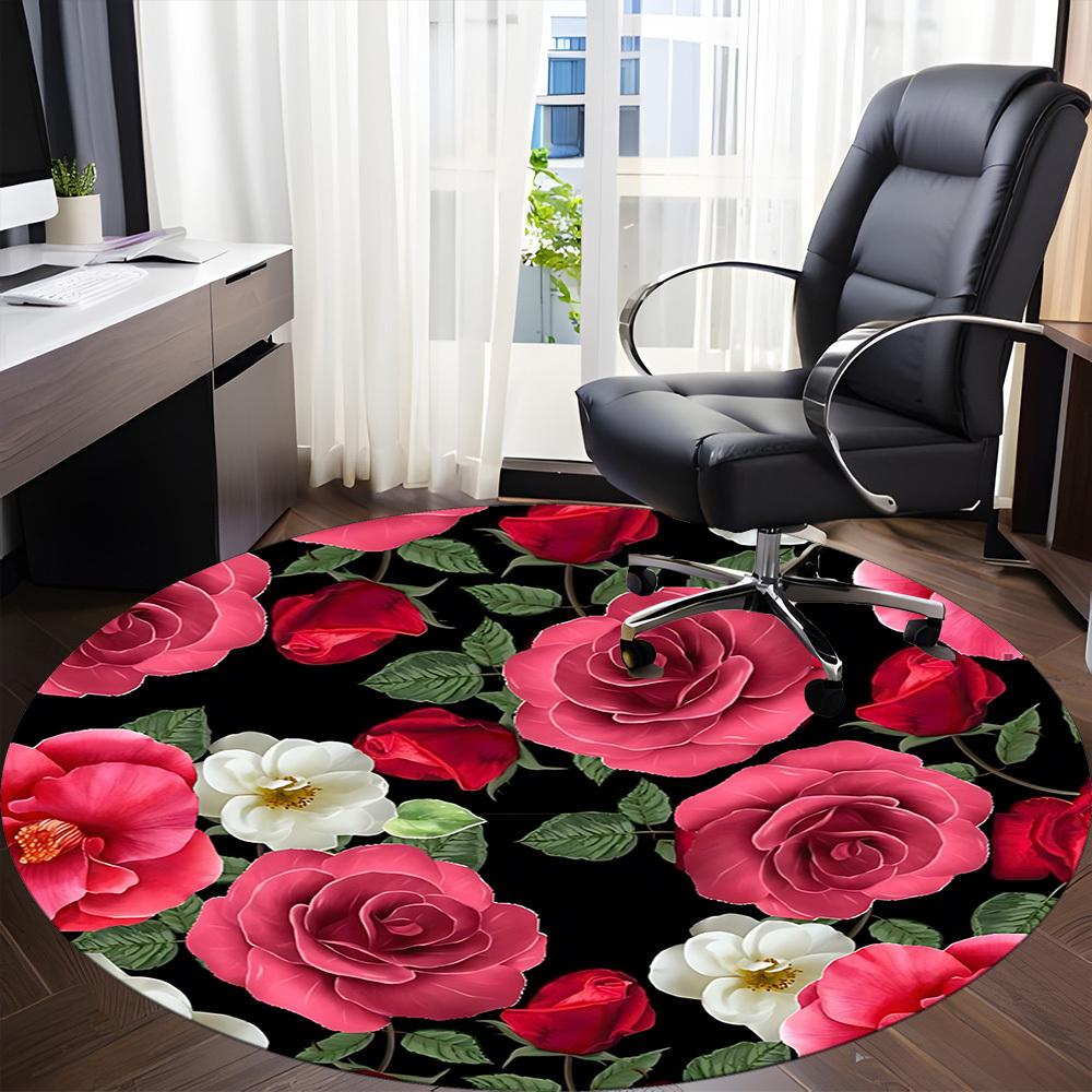 1 Stück Rose Blumenmuster Stuhlteppich für Büro, Runder Rutschfester Langlebiger Großer Büroteppich, Geeignet für Büro