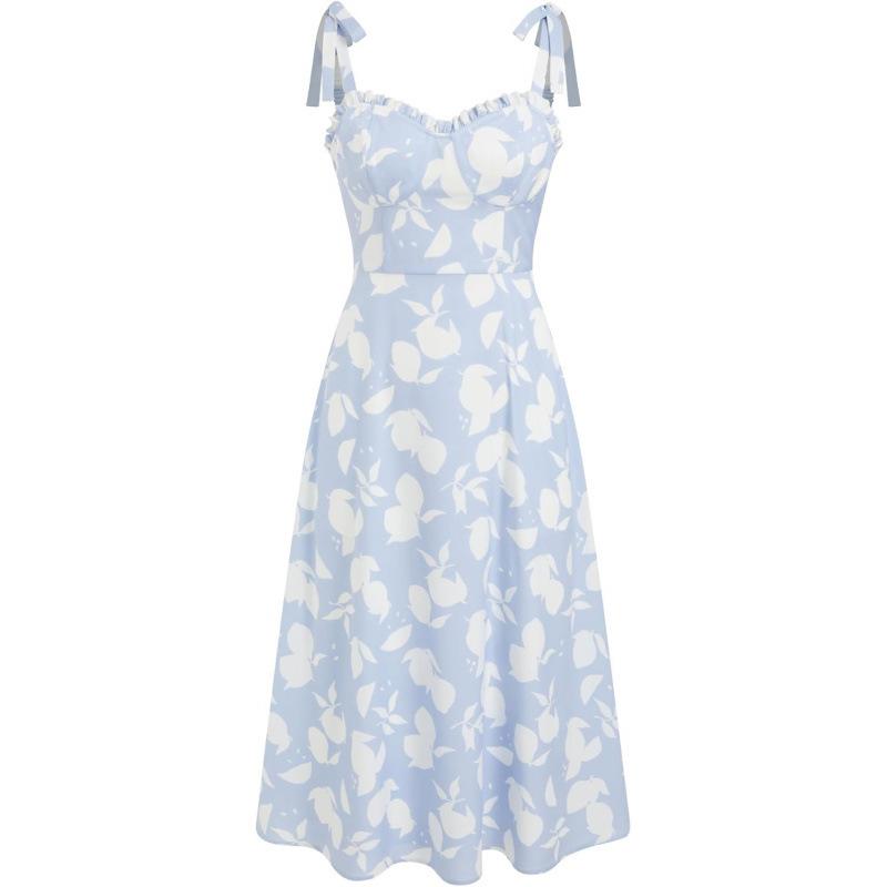 Flower print medium and long dress women s 2026 summer new bow fungus edge skirt S