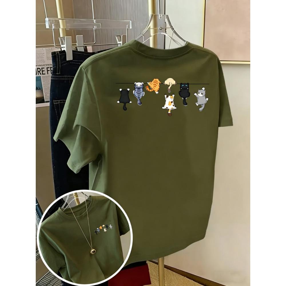 Cartoons Cats Prints T-Shirts Summer Womens Cotton T Shirts Basic O-Neck Oversized Short Sleeve Tops Casual Street Woman Clothes