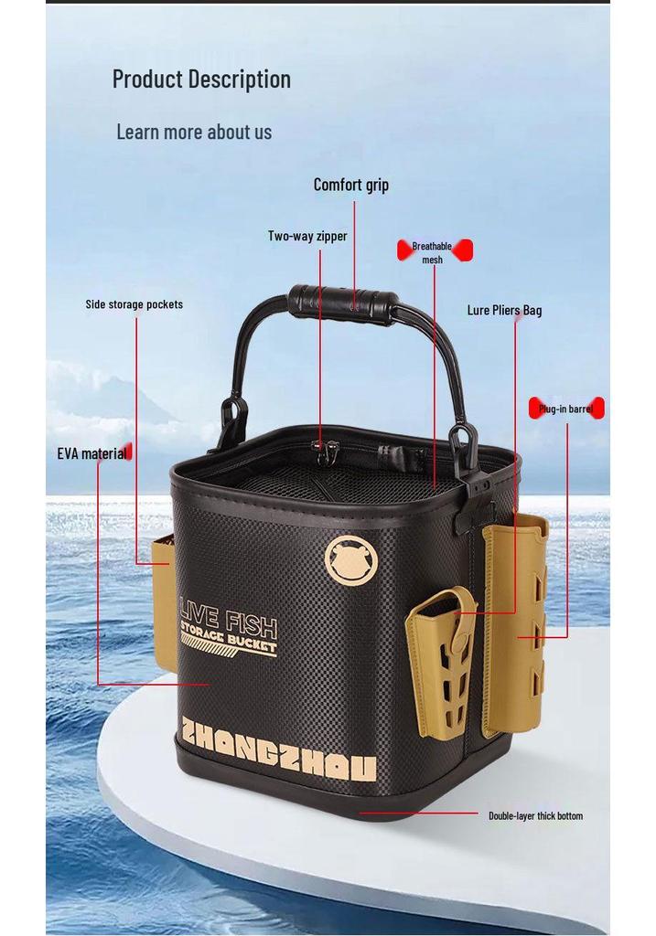 Foldable Multi-Purpose EVA Fishing Bucket: Portable Live Fish Keeper and Lure Container for Outdoor Use.