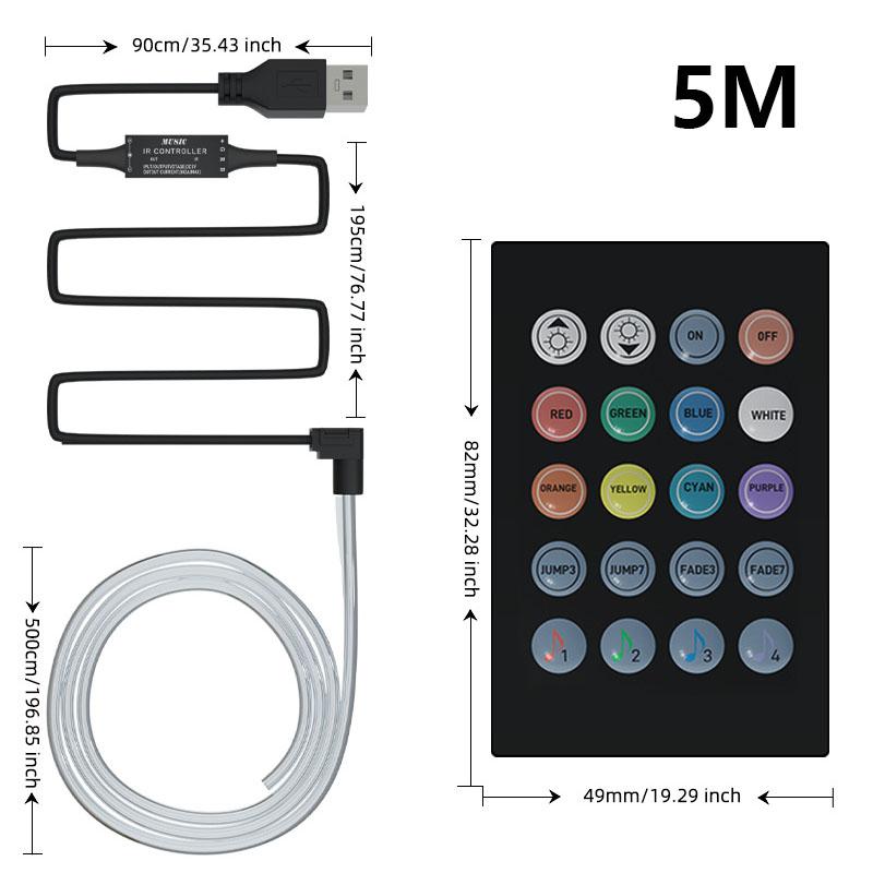 5M Car Interior LED Strip Lights Remote USB Control Car Neon Lights Multicolor Car Decoration Light Strip RGB Atmosphere Light