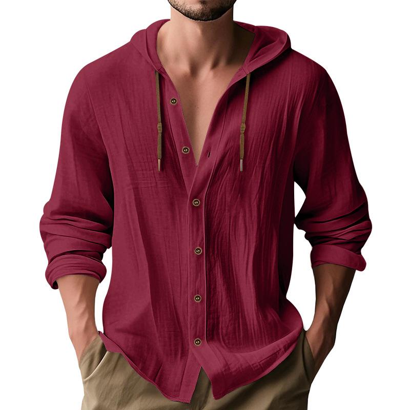 Men's Linen Blend Hooded Button Down Shirt Casual Long Sleeve
