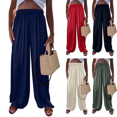 Ladies' Casual Loose Pants With Solid Color Pockets, Elastic Bands, And Hanging Pockets, Straight Leg Pants