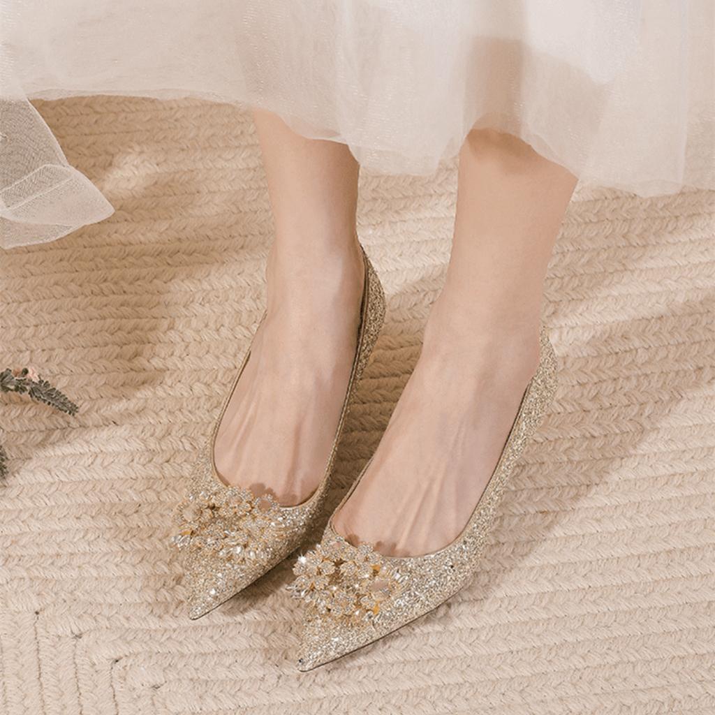 Damen Pumps Spitz Silber Strass Niedriger Absatz Elegant Damenschuhe Brautschuhe 39 Urlaub 2025 Trend im Angebot Slip