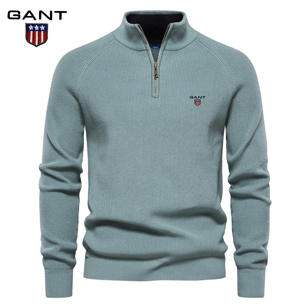 Gant Autumn and Winter Embroidery New Men's Semi Open Sweater Men's Long Sleeved Stand Up Collar Solid Color Versatile Casual Top