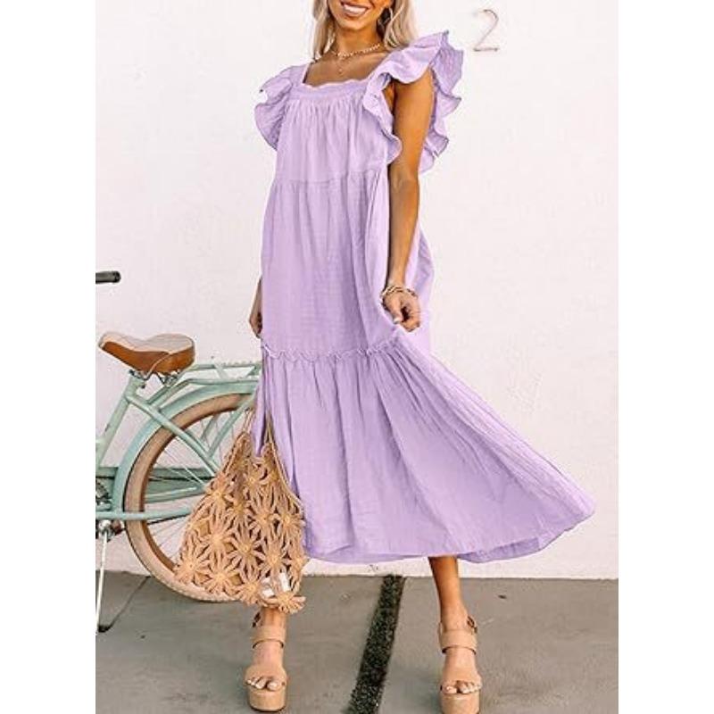 Summer Women's Dress Square Neck Short Sleeve Strapless Pleated Hem Dresses