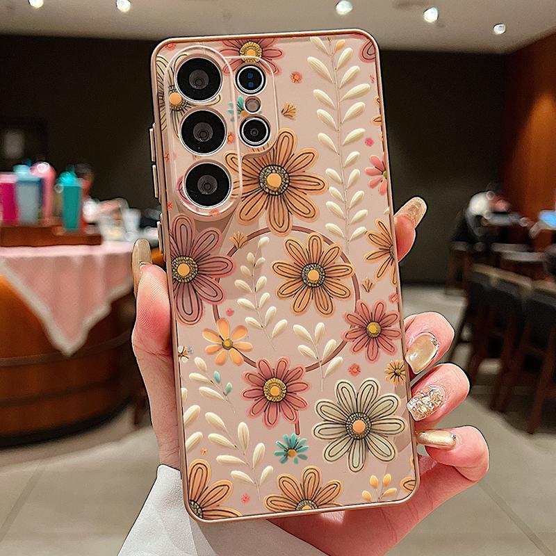 Magnetic For Magsafe Case For Samsung Galaxy S26 Ultra S25 Edge S24 Plus S23 FE S22 A17 A54 A55 A56 A57 5G Pink Lily Daisies Floral Cover