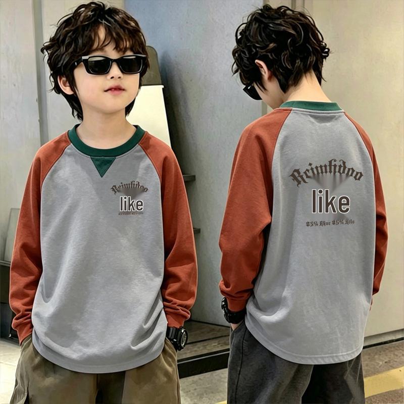 Boys' Trendy Color-Block Long-Sleeve T-Shirt for Spring/Autumn 2026 - Medium/Large Loose Fit, Contrasting Base Layer Top.