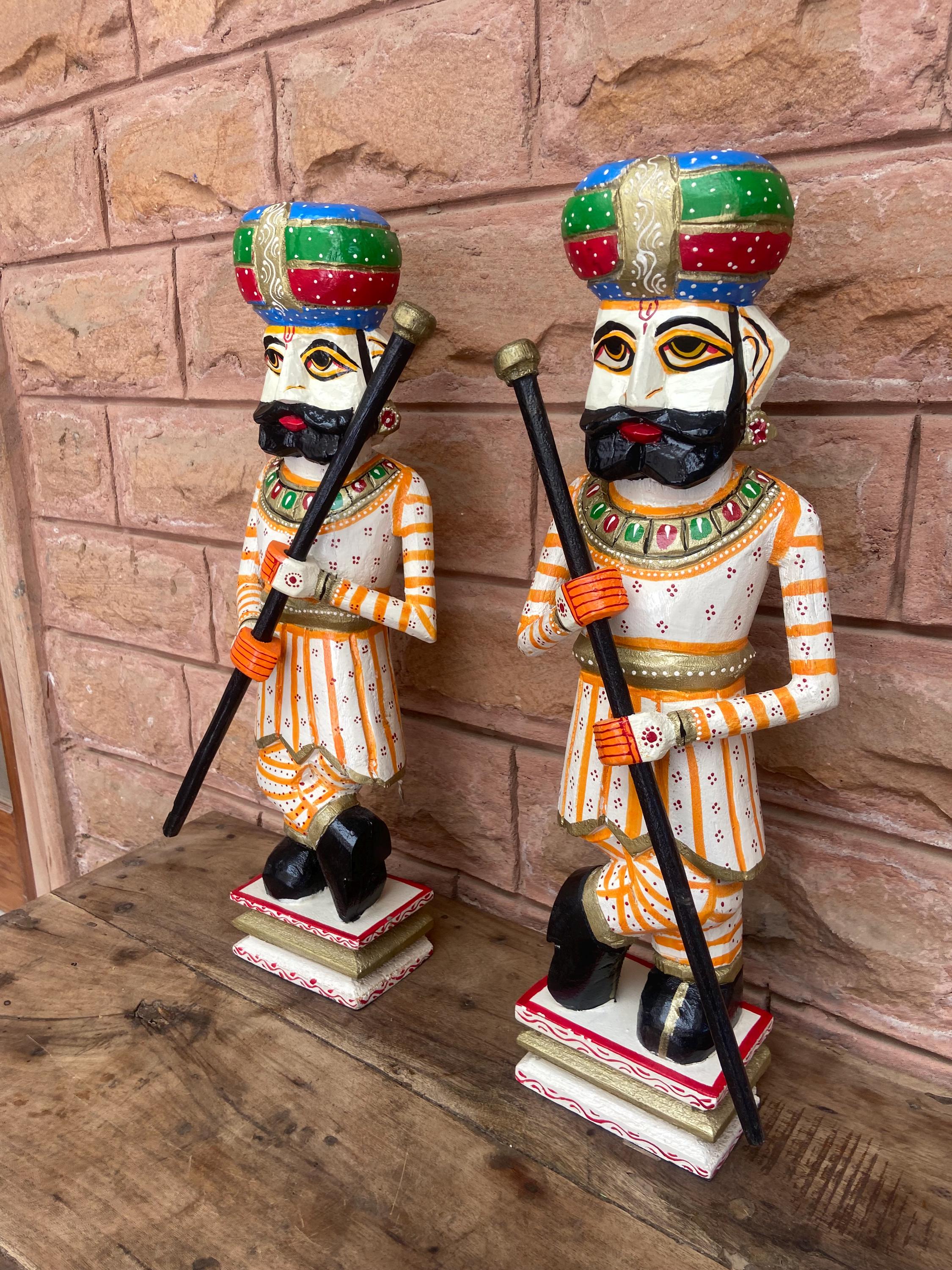 

Hand-Painted Wooden Chowkidar Statue Set: Indian Folk Art Home Decor 16” X 8” X 24” (l x w x h) разноцветный