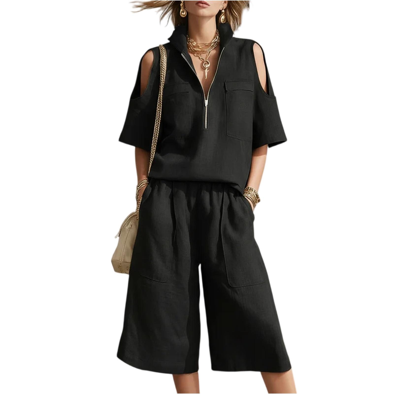 

Women’s Short Sleeve Shirt and Wide Leg Shorts Two Piece Set with Zipper Front and Pocket Design Loose Fit Casual Outfit XL чёрный