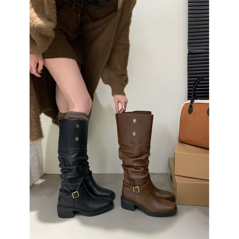 2025 Autumn and Winter Niche Design Wasteland Wind Tall Women's Boots Retro Pleated Thick Heel Stacking Boots Long Boots