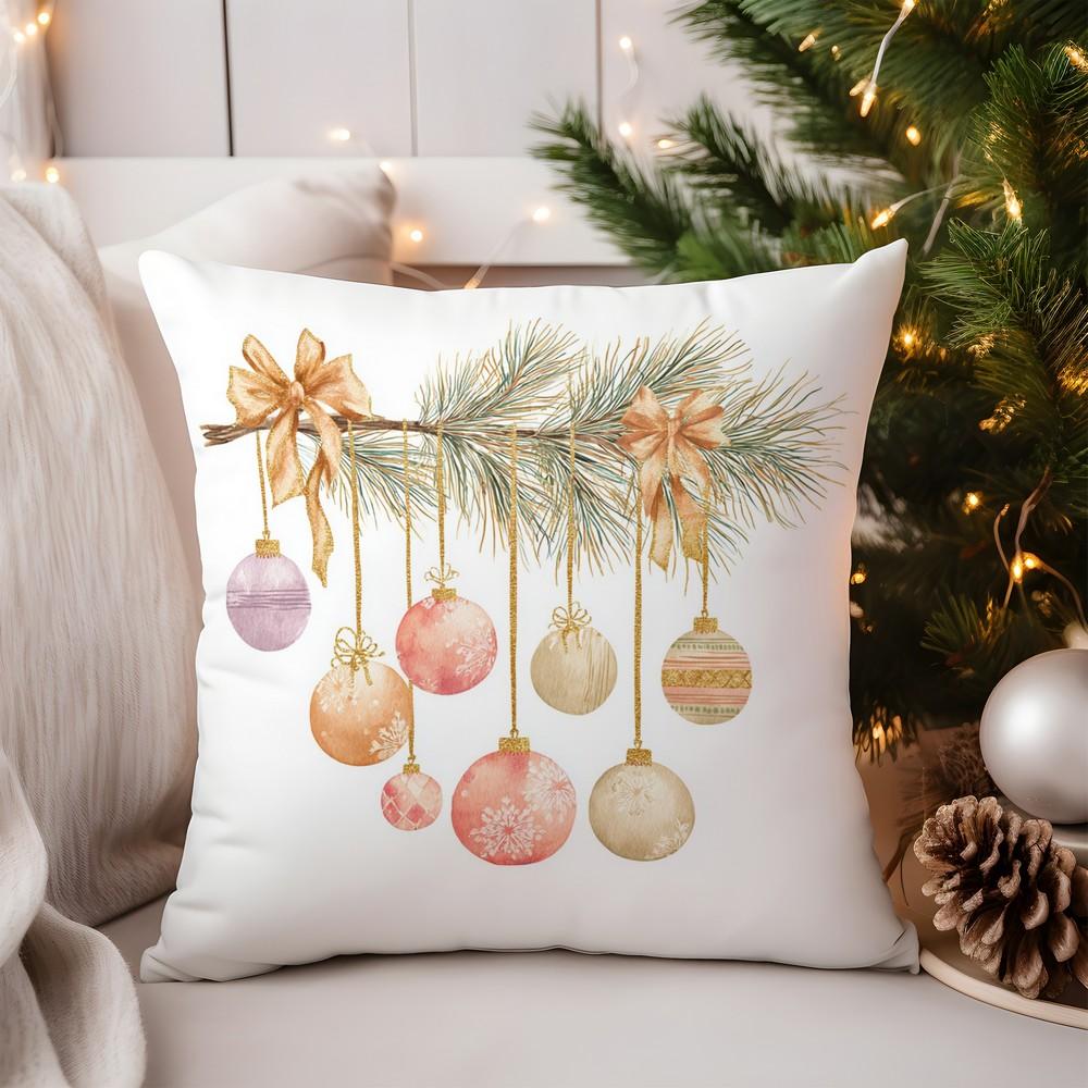 Home Decor Christmas Pine Branch & Ornament Pillow Pattern Cushion Cover Suitable for Sofa Bedroom Car Pillow Cover