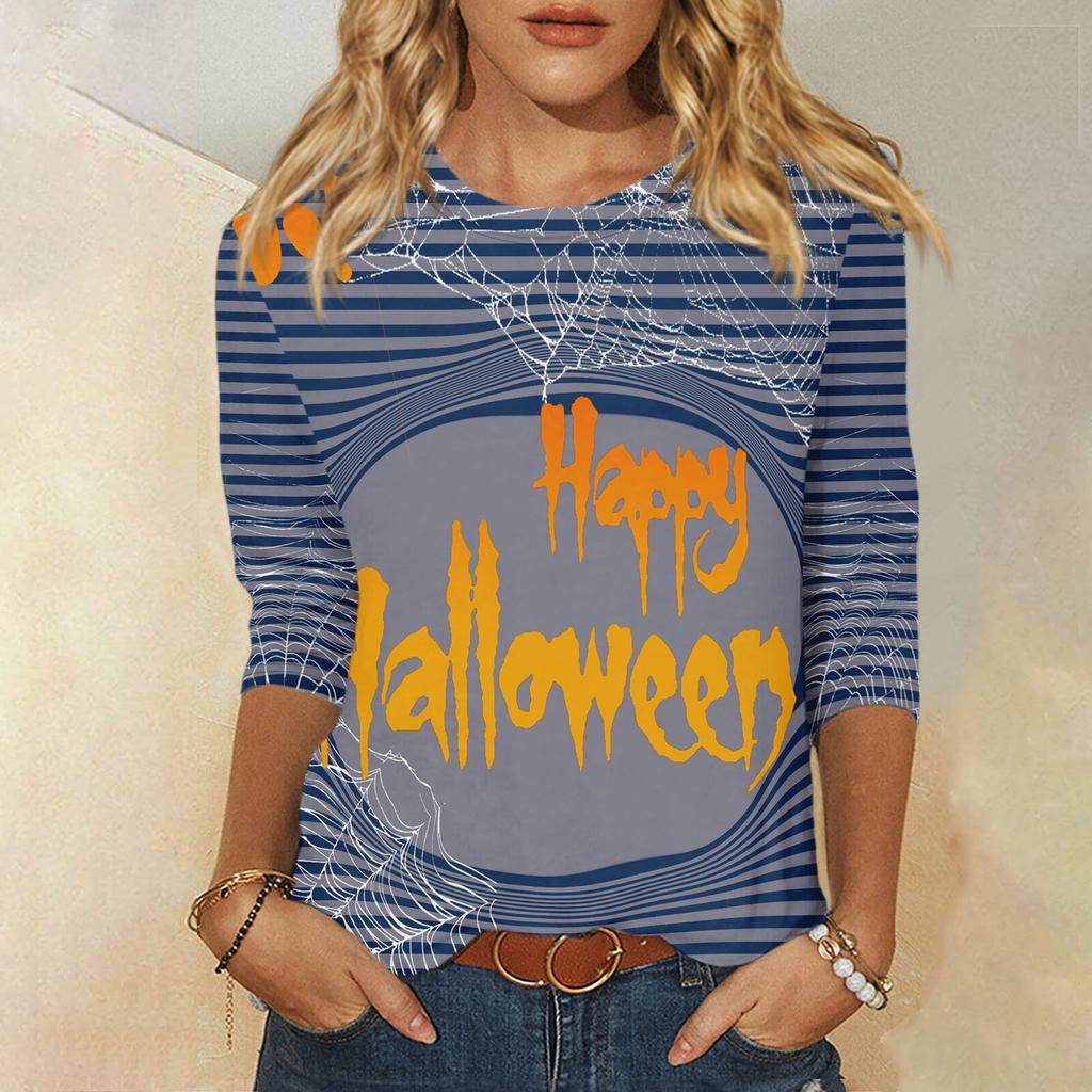 2024 New Women's Halloween Long Sleeve T-Shirt Spider Web Print Round Neck Casual Basic Loose Ladies Designer Tops