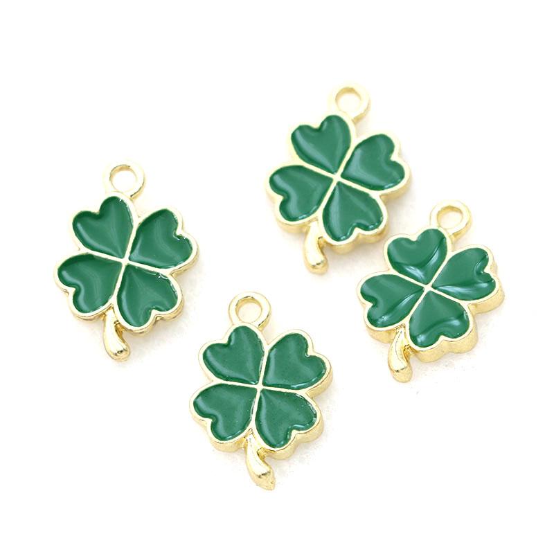 10pcs Gold Plated Green Lucky Enamel Clover Flower Charm for Jewelry Making Necklace Handmade Bracelet Accessories DIY