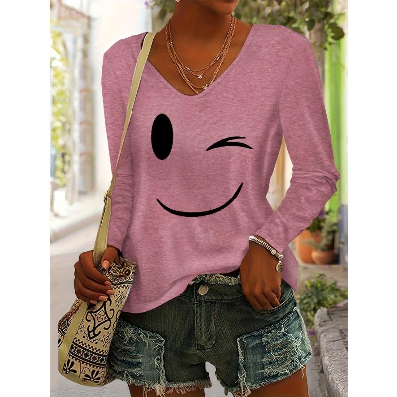 Smiling Face Women's Autumn,Winter Casual European,American Style Graphic Print T-Shirt