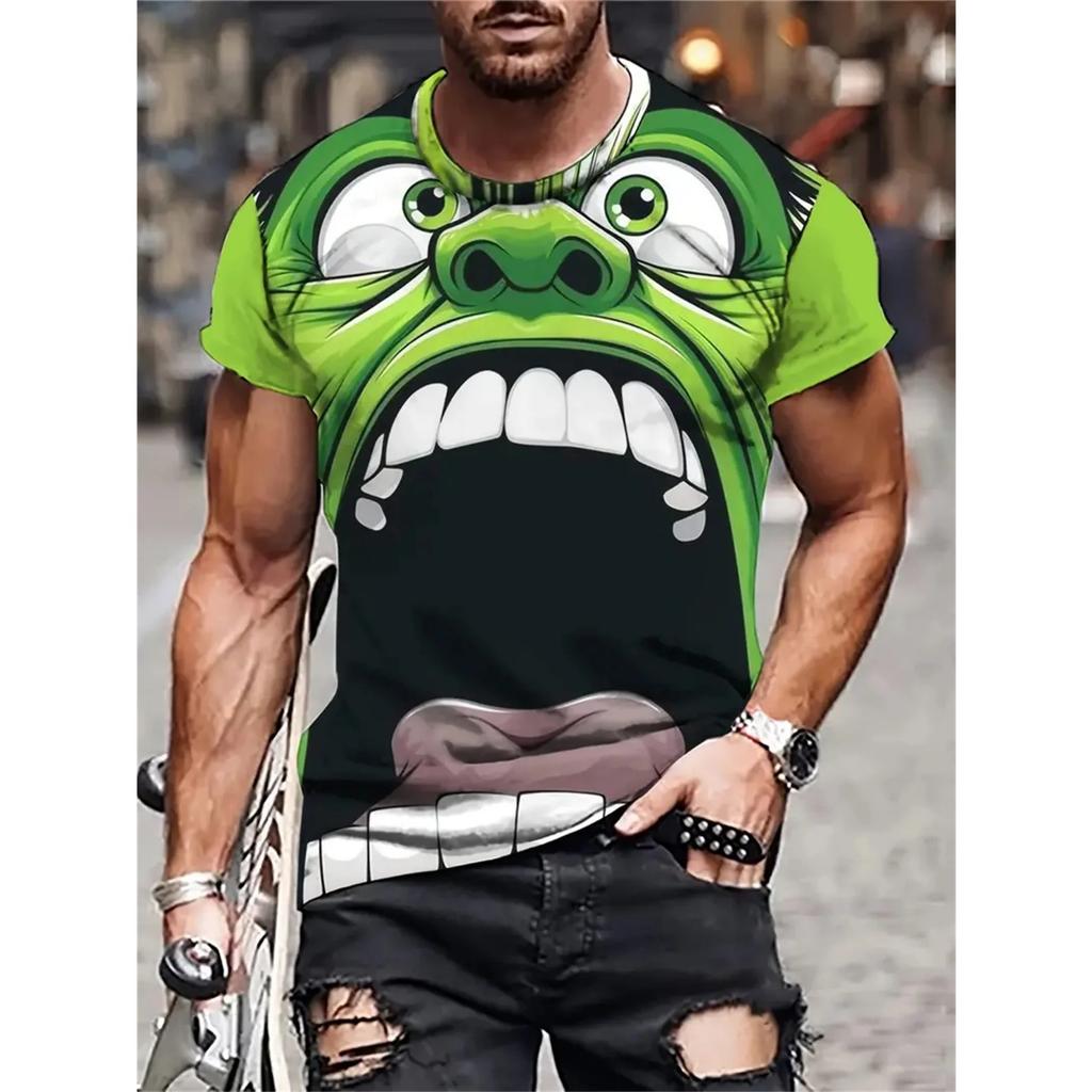 Men's 3D Cartoon Smiling Face Print T-Shirts Short Sleeve Casual Crew Neck Machine Washable Tops Summer Funny T-shirts