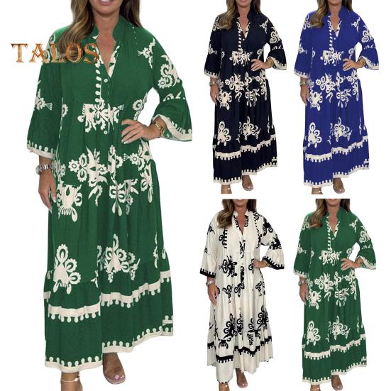 Fall Spring Dress Stand Collar Long Sleeves Color Matching Print Pleated Patchwork A-line Loose Hem Ankle Length Dating Daily Wear Maxi Dress