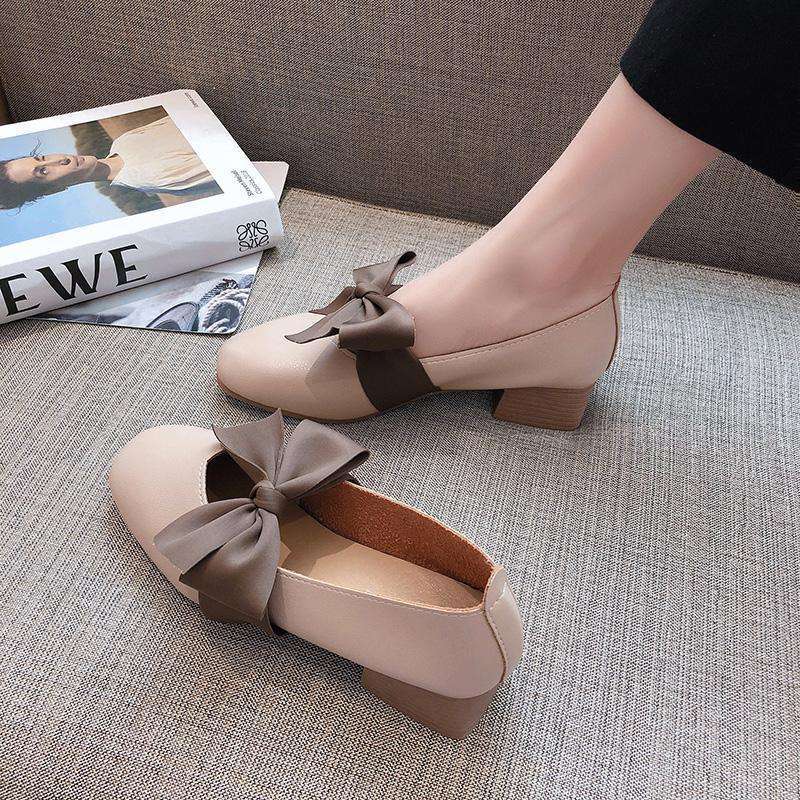 Spring and Summer Single Shoes Female Versatile 2025 New Middle Heel Bow Evening Gentle Shoes Fairy Grandma Doudou Shoes