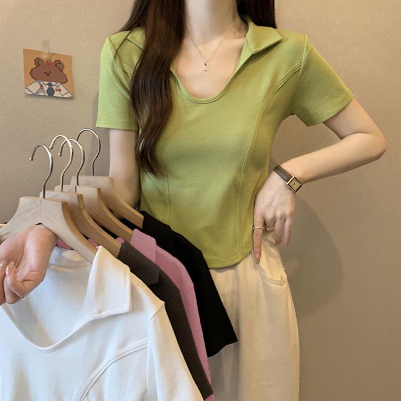 2026 Women s Summer Polo Collar Cropped Patchwork T-shirt Large XXL белый