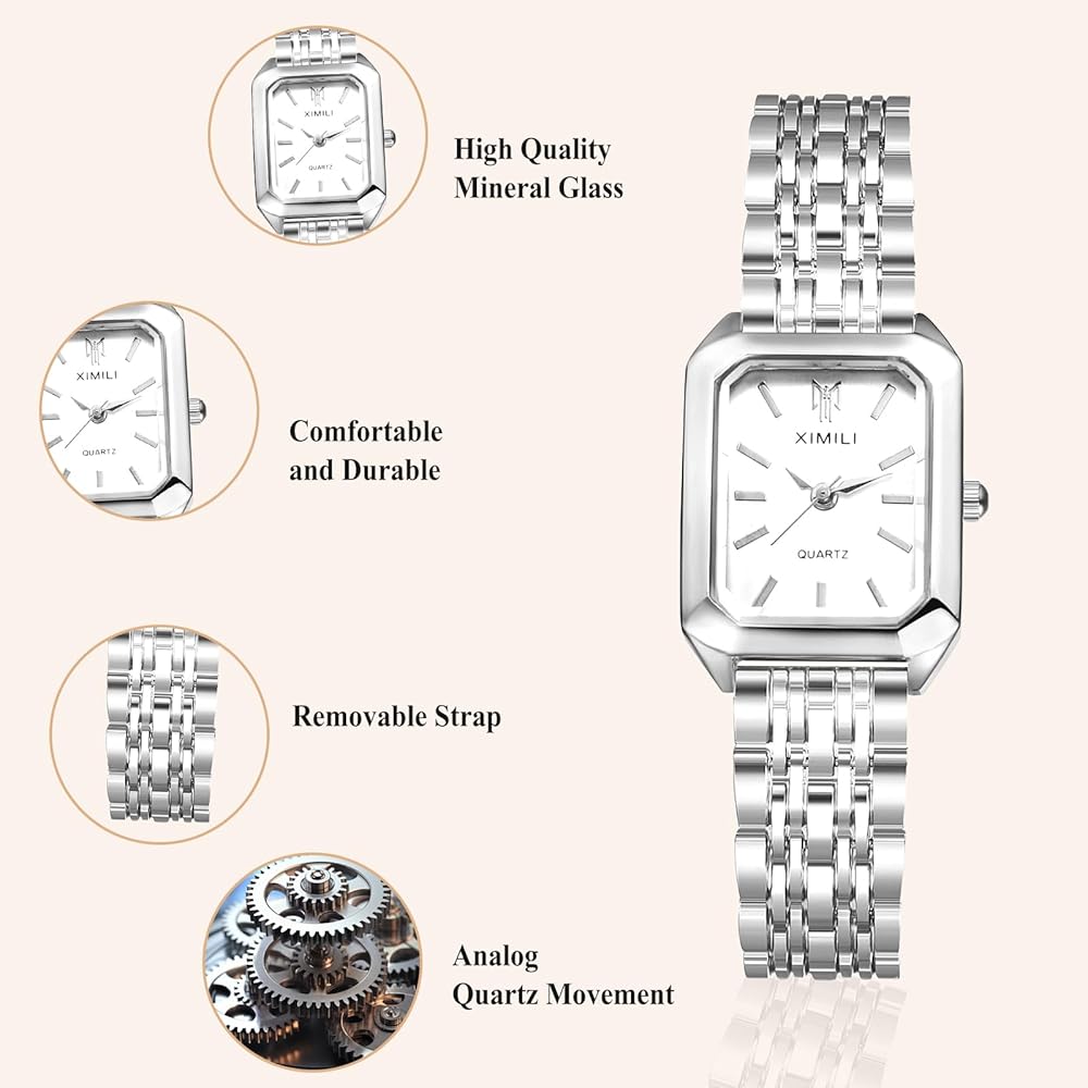 Ladies' Waterproof Square Dial Watch with Bar Index, Simple Quartz, Adjustable Stainless Steel - Silver