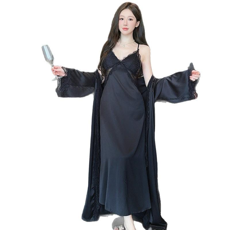 French pajamas women's summer ice silk suspender nightgown two-piece set sexy back waist thin nightgown with chest pad