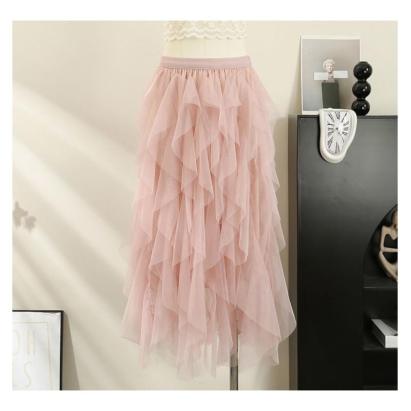 

Irregular mesh skirt Spring, summer and autumn versatile commuting high waist thin elastic waist A word medium and long skirt children S розовый