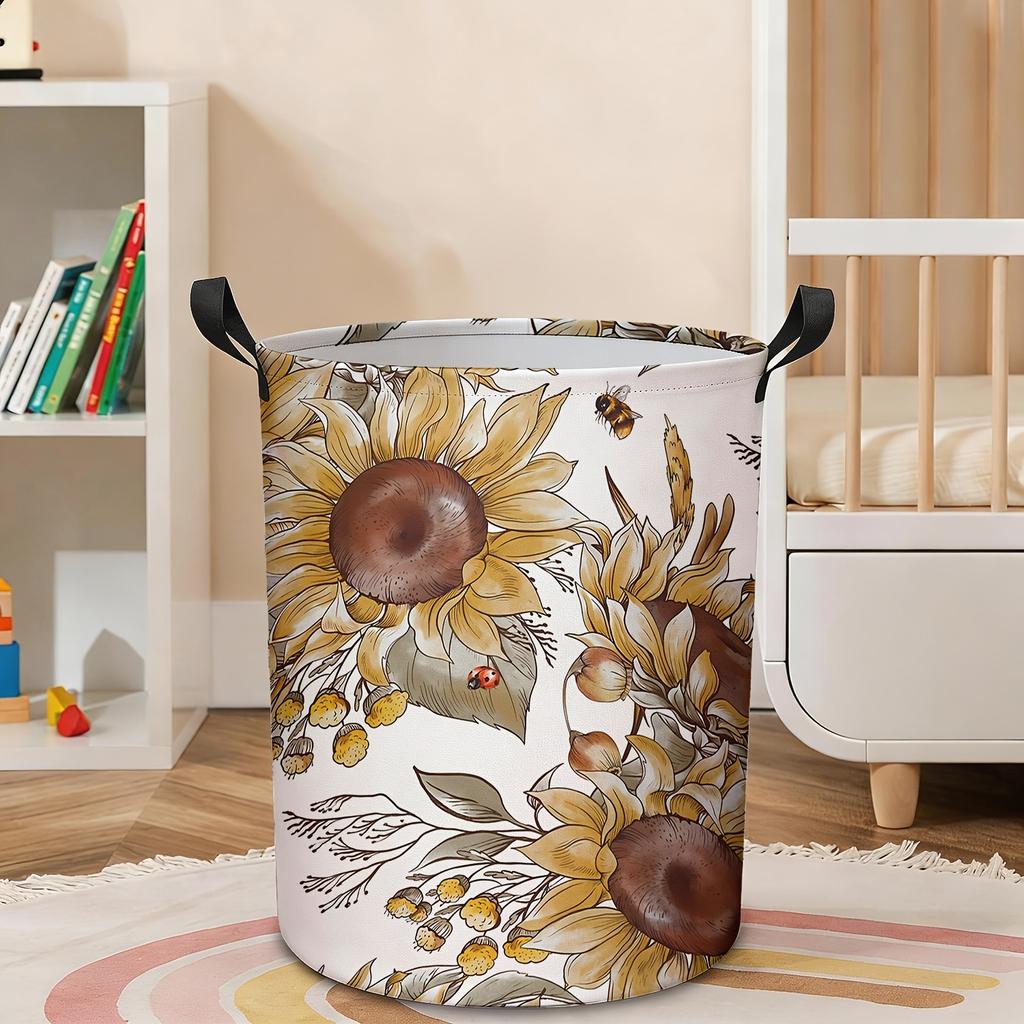 1pc, Fall Sunflowers Laundry Basket, Ladybird Honeybee Laundry Hamper Collapsible with Handle Clothes Storage Bin for Bathroom, Laundry Room, Bedroom,