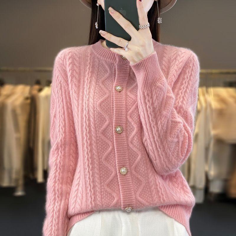 New Crew Neck Knitted Autumn and Winter Coat Casual Versatile Twist Loose Cardigan Sweater Women