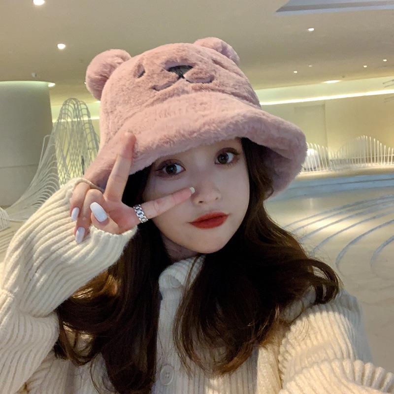 Thickened and Warm Korean Version of Autumn and Winter Sweet and Cute Embroidered Ears Showing The Face of The Bear Plush Pot Hat