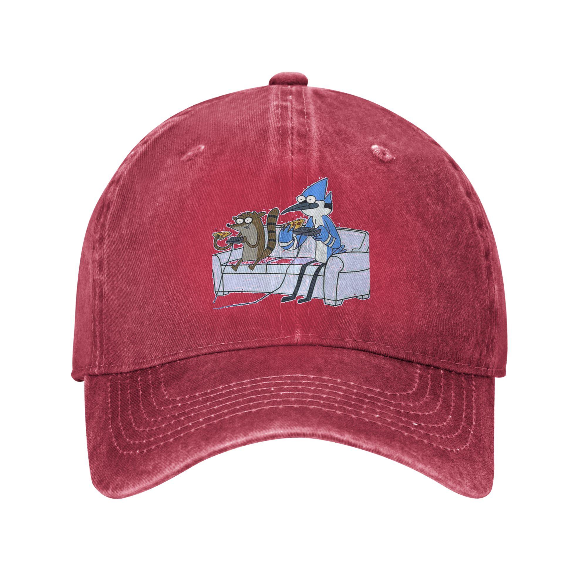 Mordecai and Rigby Pizza and Video Games Washed Denim Baseball Caps Snapback Baseball Hats Breathable Casquette Outdoor Unisex One Size