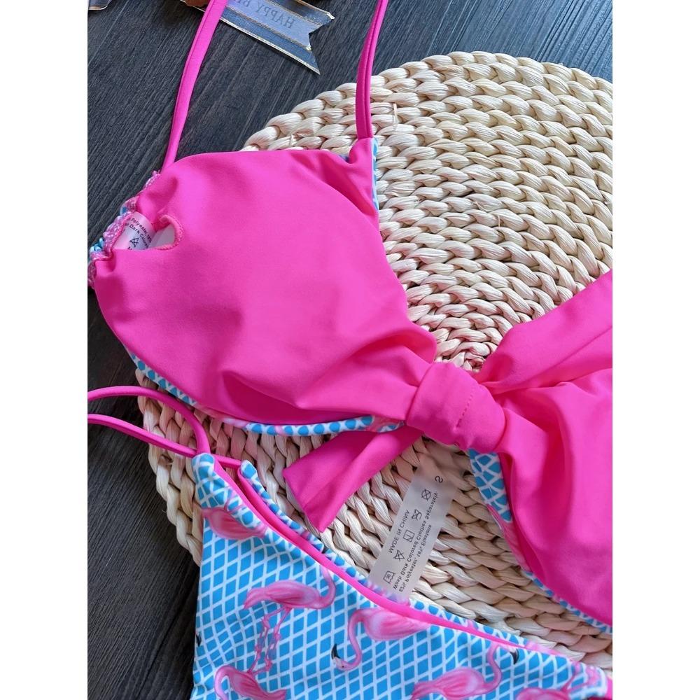 Sexy Grid Flamingo Print Swimsuit Woman 2026 New Two-Piece Swimwear Push Up Thongs Bikinis Set Bathing Suit Biquini