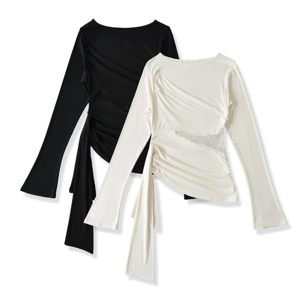 Women's One Shoulder Asymmetric Long Sleeve T Shirt Lace Side Sheer Irregular Hem Casual Blouse