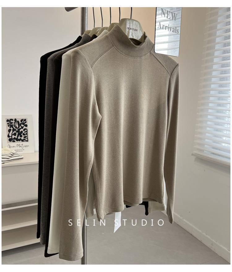 Korean-Style Double-Sided Oreo Fleece Half-Turtleneck Warm Base Layer Top for Women - Long-Sleeve Winter T-Shirt