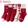 Red Color Mid Calf Socks Soft Cotton Cartoon Pattern Socks Cozy Holiday Socks  For Girls