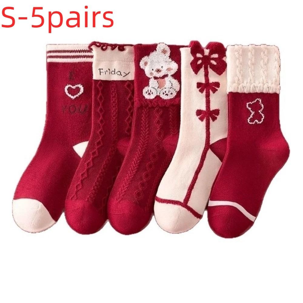 Red Color Mid Calf Socks Soft Cotton Cartoon Pattern Socks Cozy Holiday Socks  For Girls