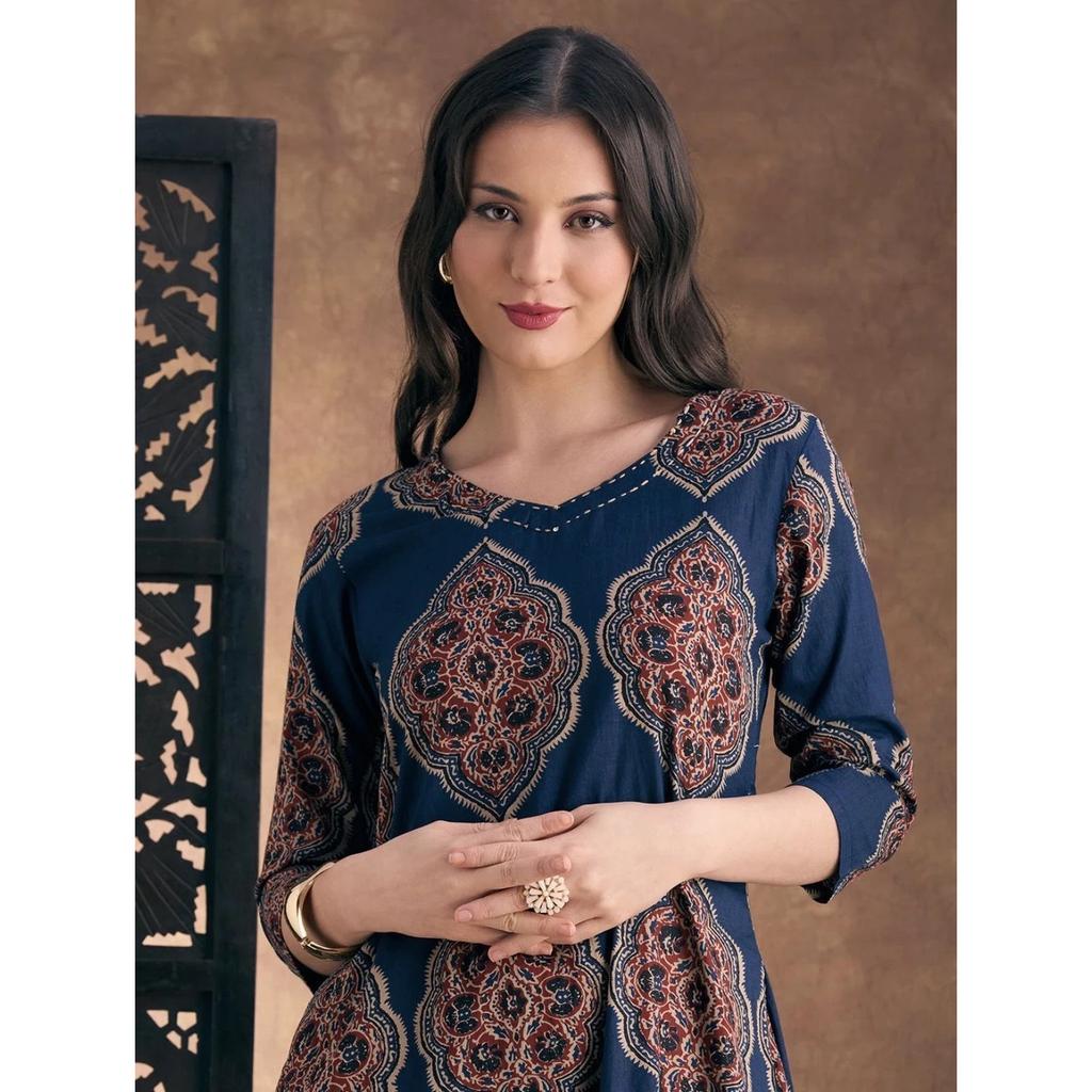 Ajrakh Printed Viscose Rayon Kurti Pant Set Women Office Wear Ethnic Kurta Set