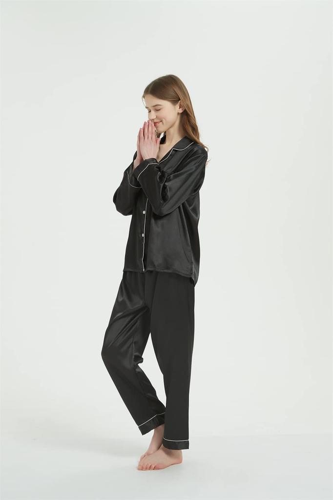 KUMASEN Silk and Satin Pajama Long Open Size M Women's Set, Loungewear, Sleeves, Front, Black,