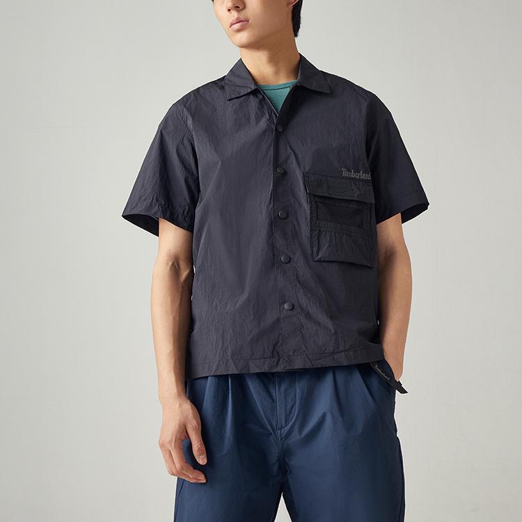 Timberland Solid Logo Casual Fashion Loose Breathable Pocket Short Sleeve Shirt Men shirts Black A61S1-001