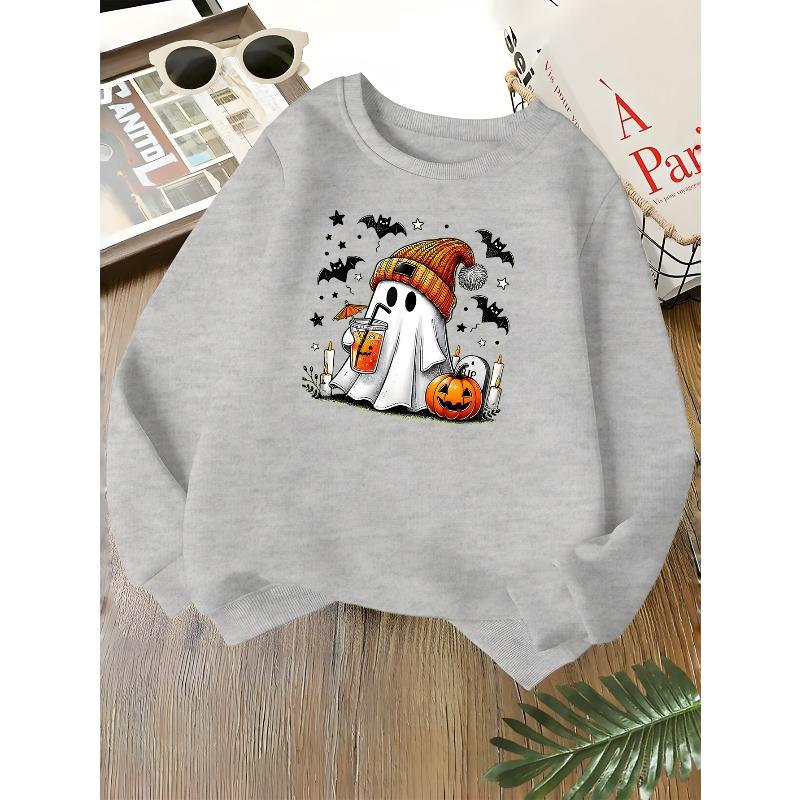 Kids Unisex Crewneck Sweatshirt, Cute Knit Hat Ghost Pumpkin Bat Halloween Print Soft Fleece Long Sleeve Pullover For Boys Girls Over 4 Years Old