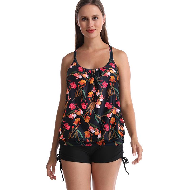Conservative Print Plus Size Boyleg Tankini, Two-Piece Tummy Control Slimming Swimwear.