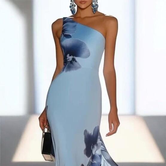 Women's One Shoulder Sleeveless Floral Print Maxi Dress Slim Fit High Waist Elegant Evening Gown