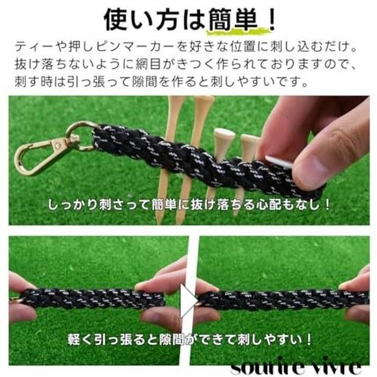 Golf tee holder available 12 colors rubber braided strap that can also hold push pin markers.