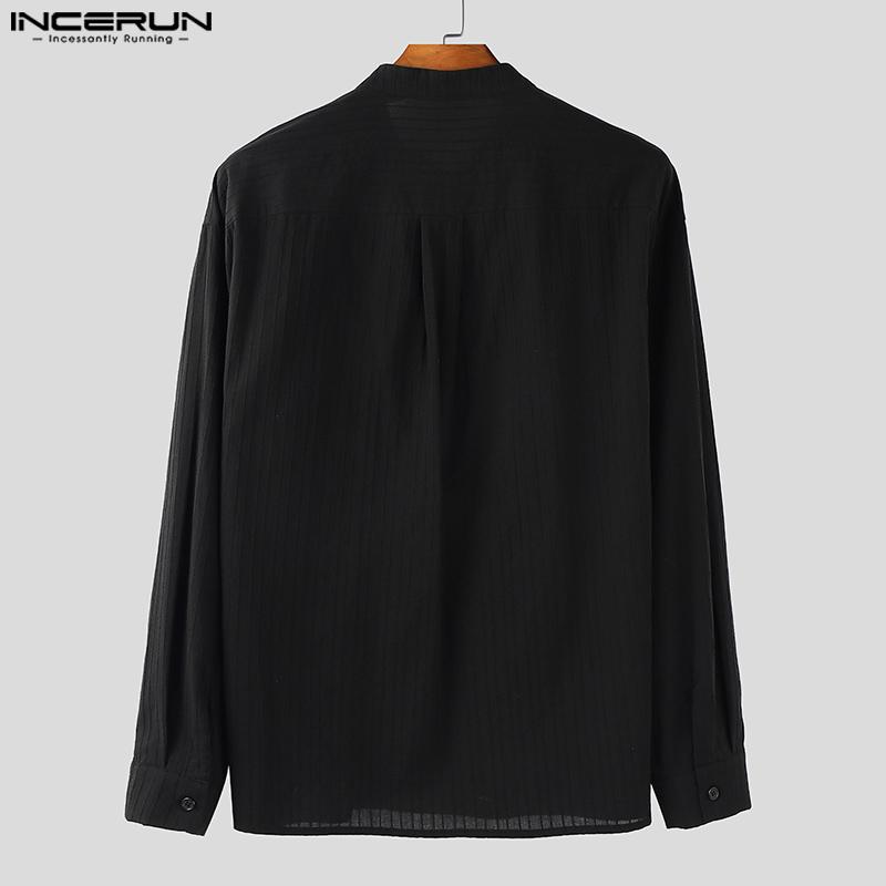 INCERUN Men Collarless Long Sleeve Striped Texture Shirts Casual Tops
