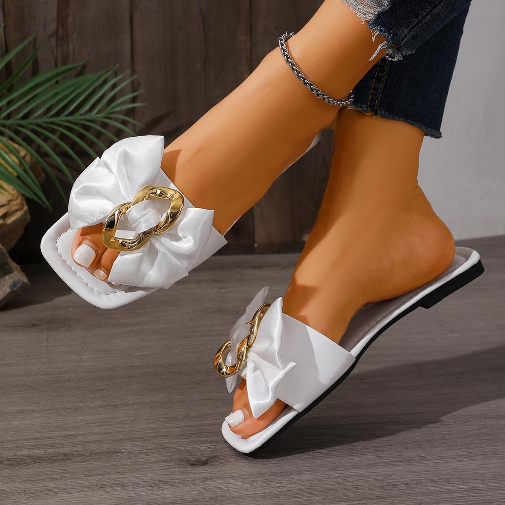 Summer  Square Headed Comfortable Flat Slippers Fashionable Style Anti Slip Bow Casual Women's Slippers In Large Size