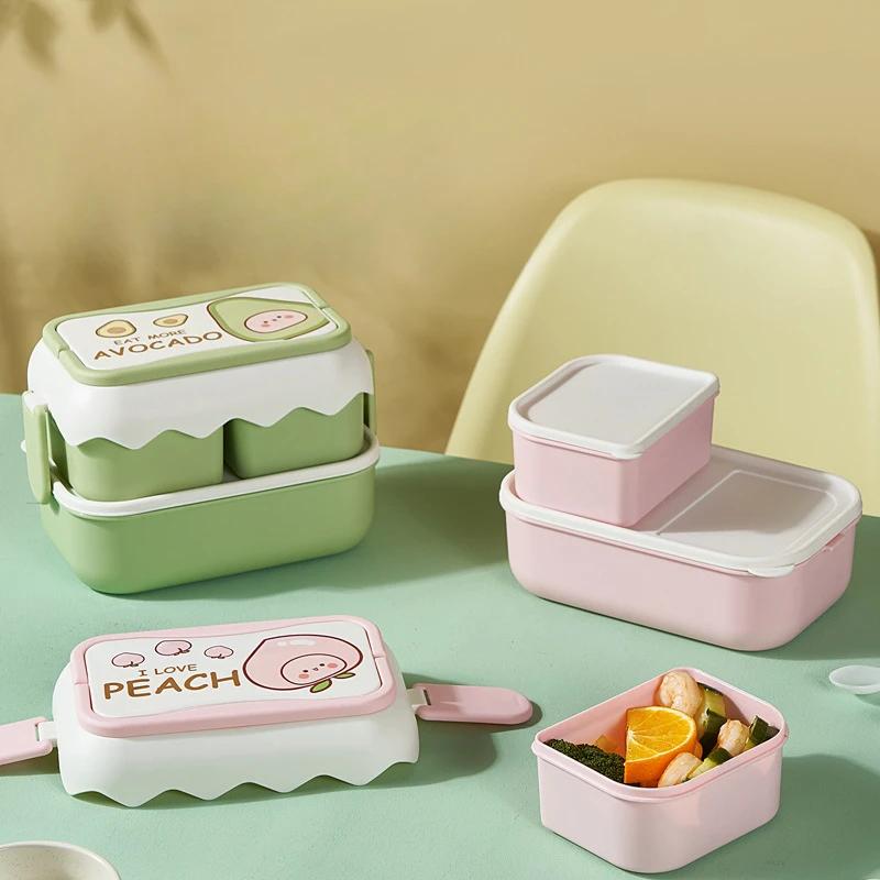 Dobbeltlags Frukt Matboks, Husholdningsservise, Avokado Fersken, Søt Stor Kapasitet, Utendørs Bærbar Bentoboks med Spork Skje