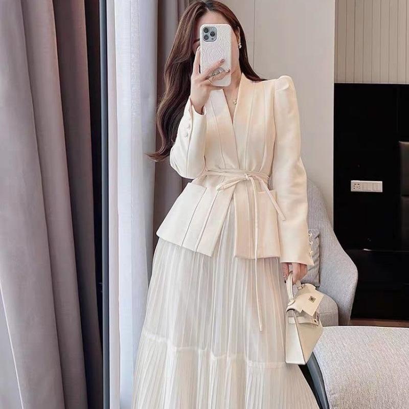 Spring Autumn Skirt Suit Women Elegant Korean Lace-Up Fashion Blazer + Long Mesh Skirt Casual Evening Party 2-Piece Set