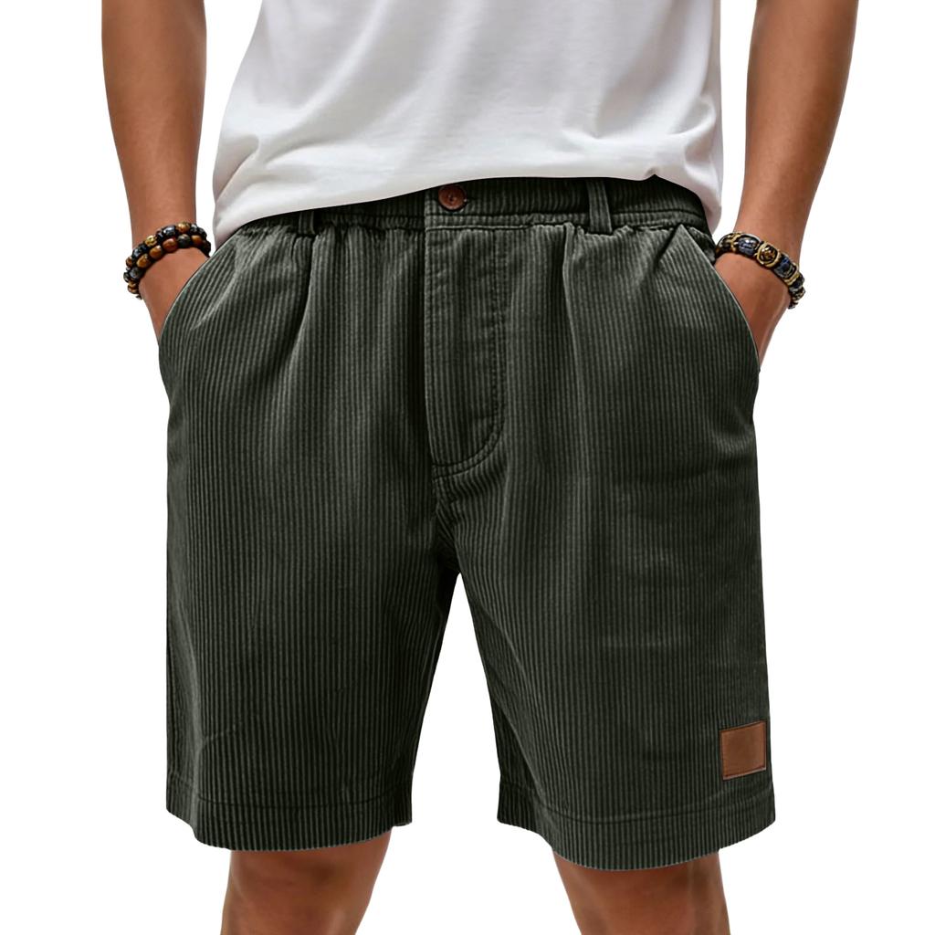Men Corduroy Shorts Relaxed Fit Elastic Waistband Casual Drawstring Shorts with Pockets Button Closure Design for Everyday Wear